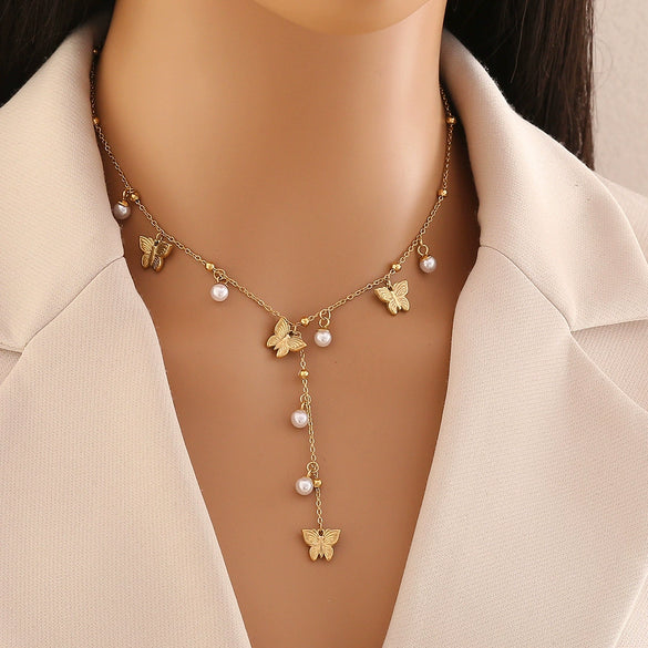 Wholesale Imitation Pearl Flower Stainless Steel Y Shaped Butterfly Necklace With Electroplating For Women