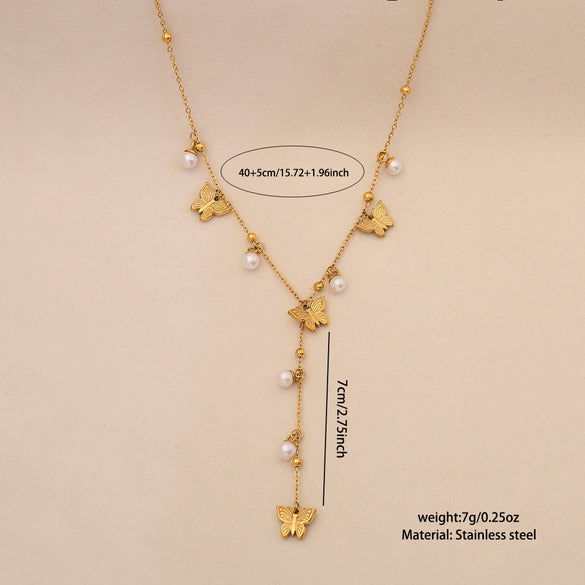 Wholesale Imitation Pearl Flower Stainless Steel Y Shaped Butterfly Necklace With Electroplating For Women