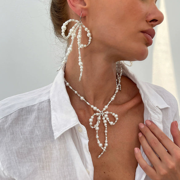 Wholesale Imitation Pearl Handmade Bow Necklace For Women