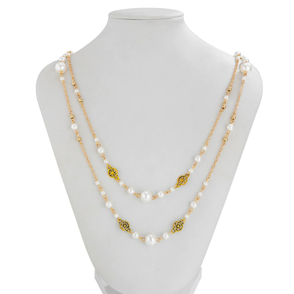 Wholesale Imitation Pearl Long Necklace Retro Style Geometric Star Cross Chain Electroplated