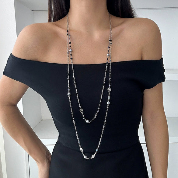 Wholesale Imitation Pearl Long Necklace Retro Style Geometric Star Cross Chain Electroplated