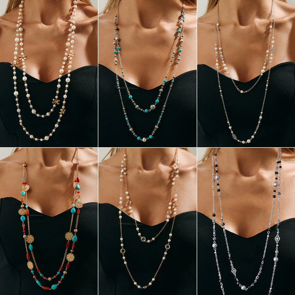 Wholesale Imitation Pearl Long Necklace Retro Style Geometric Star Cross Chain Electroplated