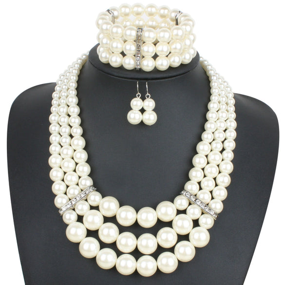 Wholesale Imitation Pearl Multilayered Necklace Set With Snake Bone Chain Geometric Style For Women