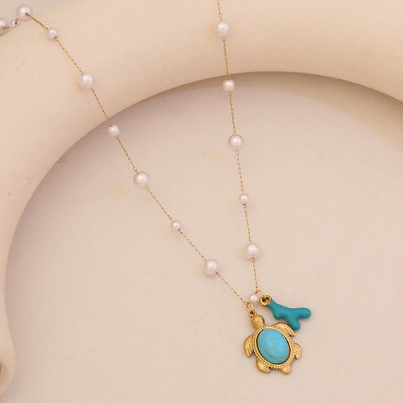 Wholesale Imitation Pearl Necklace With Ocean Shell Starfish Turtle Pendant Stainless Steel Animal Zodiac Jewelry