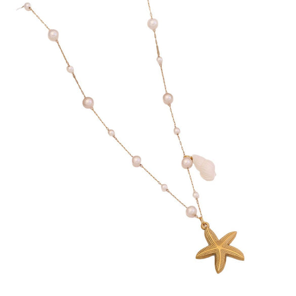 Wholesale Imitation Pearl Necklace With Ocean Shell Starfish Turtle Pendant Stainless Steel Animal Zodiac Jewelry