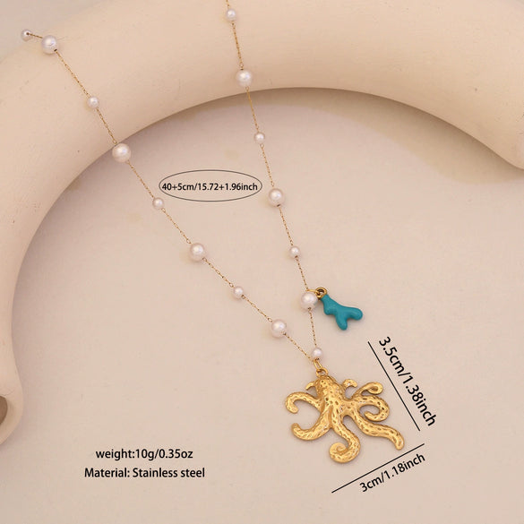 Wholesale Imitation Pearl Necklace With Ocean Shell Starfish Turtle Pendant Stainless Steel Animal Zodiac Jewelry