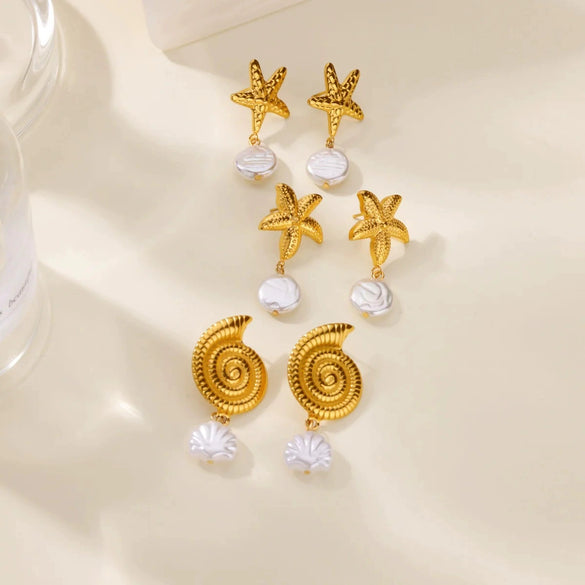 Wholesale Imitation Pearl Shell Geometric Stainless Steel Gold Electroplated Earrings For Women With Starfish Design