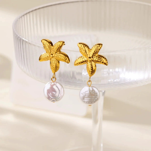 Wholesale Imitation Pearl Shell Geometric Stainless Steel Gold Electroplated Earrings For Women With Starfish Design