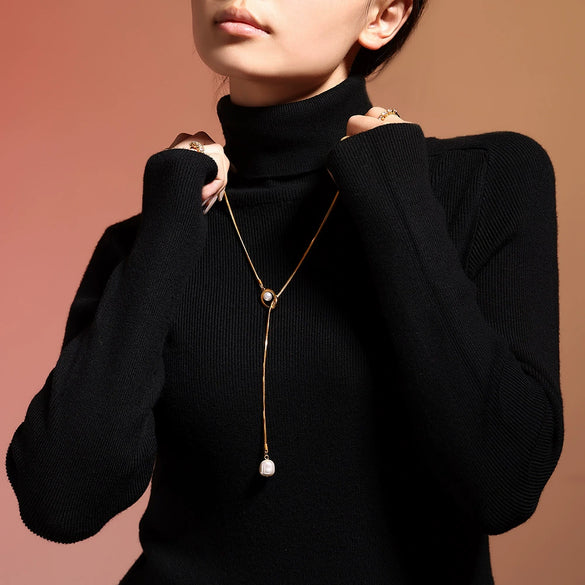 Wholesale Imitation Pearl Tassel Necklace For Women Stainless Steel Geometric Electroplated Sweater Chain Jewelry Accessories