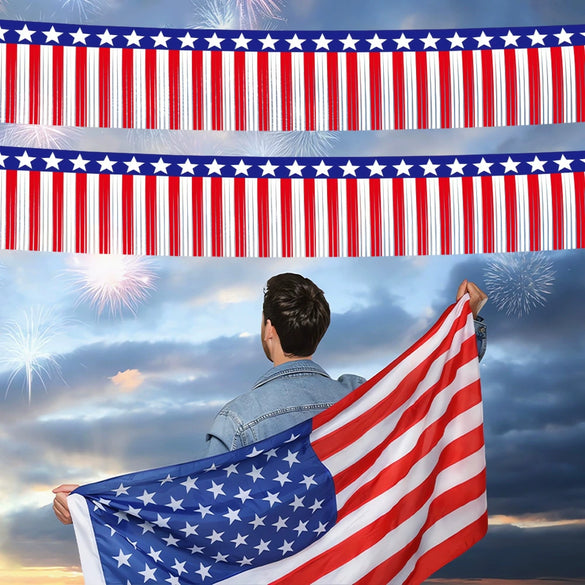 Wholesale Independence Day Banner Red White Blue Rain Silk Home Decoration With Top Flower