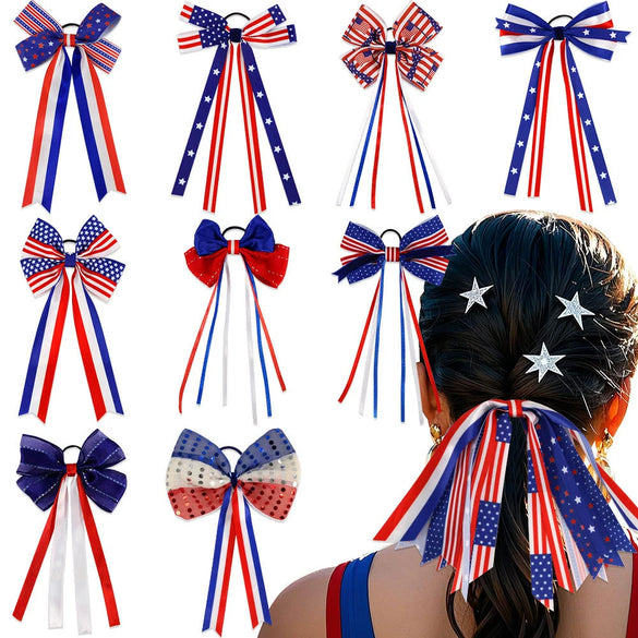 Wholesale Independence Day Bow Headline Star Flag Print Party Decoration Ribbon Hair Rings Polyester Semi Manual And Semi Mechanical