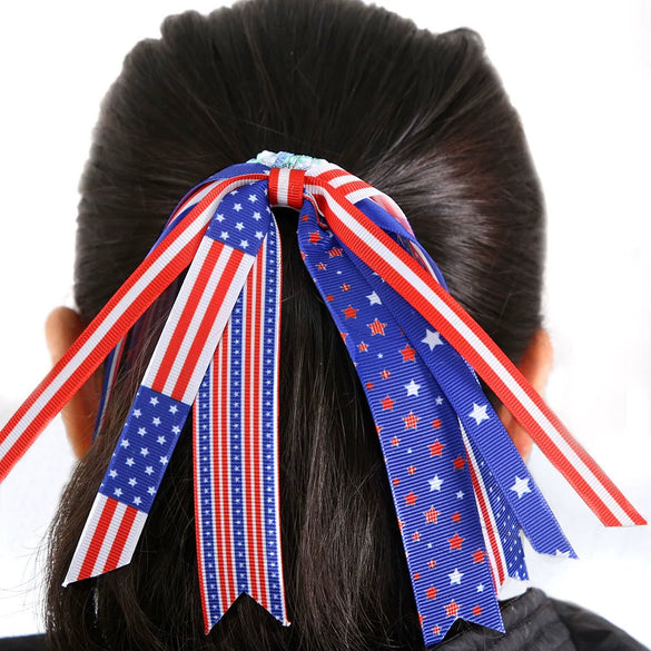 Wholesale Independence Day Bow Headline Star Flag Print Party Decoration Ribbon Hair Rings Polyester Semi Manual And Semi Mechanical