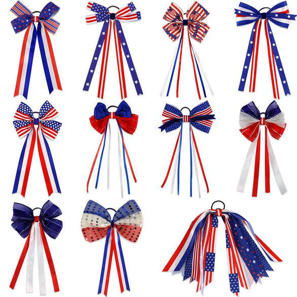 Wholesale Independence Day Bow Headline Star Flag Print Party Decoration Ribbon Hair Rings Polyester Semi Manual And Semi Mechanical