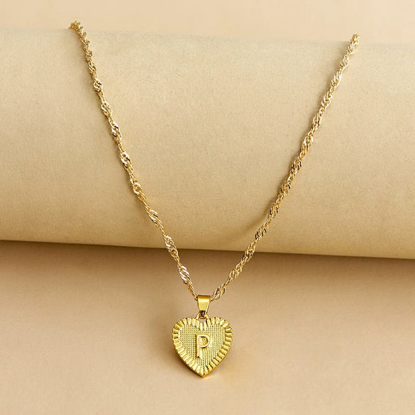 Wholesale Initial Letter Hexagon Peach Heart Imitation Gold Pendant Necklace For Women Alloy Electroplated Bamboo Chain