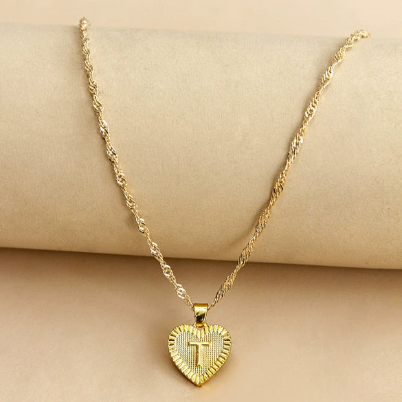 Wholesale Initial Letter Hexagon Peach Heart Imitation Gold Pendant Necklace For Women Alloy Electroplated Bamboo Chain