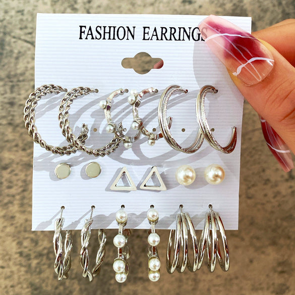Wholesale Inlaid Imitation Pearl Women's Earrings Set Alloy Geometric Retro Style Set With Diamonds