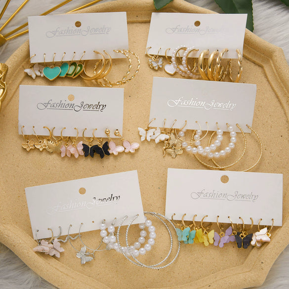 Wholesale Inlaid Pearl Butterfly Ladies Earrings Set Alloy Electroplated Animal Pattern
