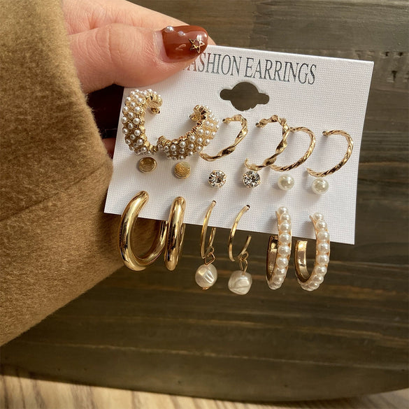 Wholesale Inlaid Pearl Ladies Earrings Set Alloy Geometric Electroplated Retro Style