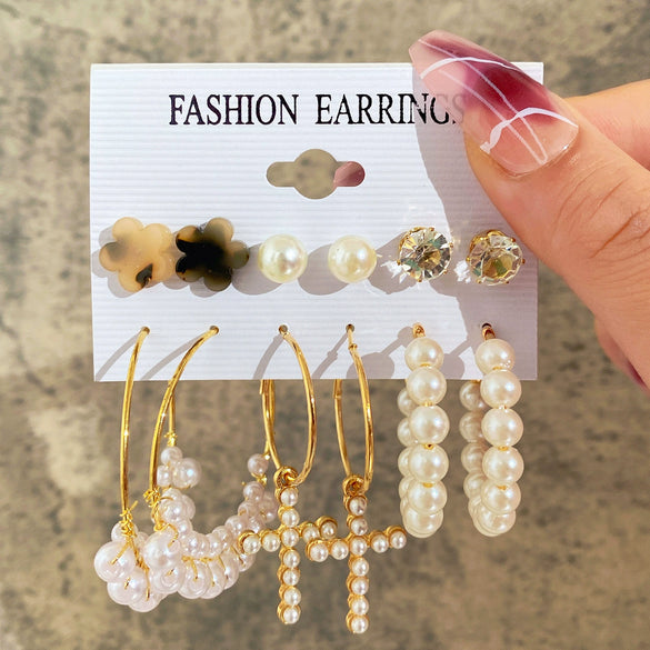 Wholesale Inlaid Pearl Ladies Earrings Set Alloy Geometric Electroplated Retro Style