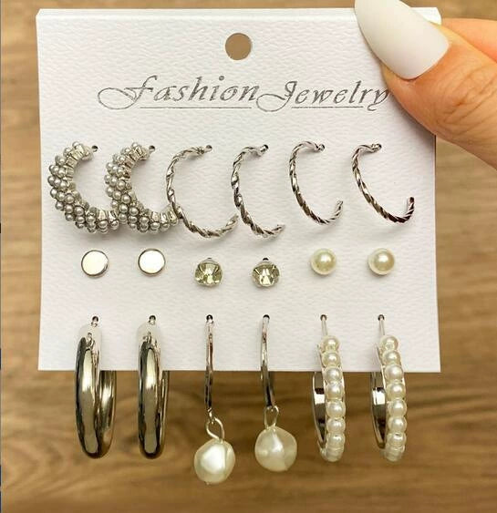 Wholesale Inlaid Pearl Ladies Earrings Set Alloy Geometric Electroplated Retro Style