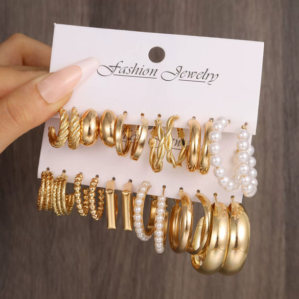 Wholesale Inlaid Pearl Ladies Earrings Set Alloy Geometric Electroplated Retro Style