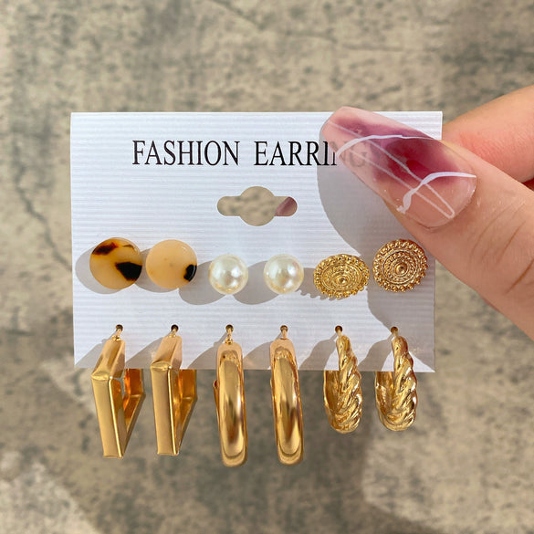 Wholesale Inlaid Pearl Ladies Earrings Set Alloy Geometric Electroplated Retro Style