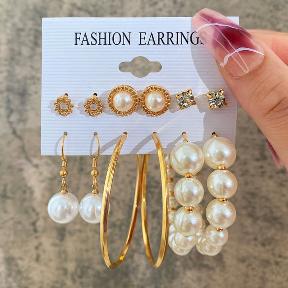 Wholesale Inlaid Pearl Ladies Earrings Set Alloy Geometric Electroplated Retro Style
