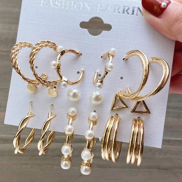 Wholesale Inlaid Pearl Ladies Earrings Set Alloy Geometric Electroplated Retro Style