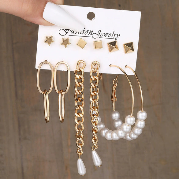 Wholesale Inlaid Pearl Ladies Earrings Set Alloy Geometric Electroplated Retro Style