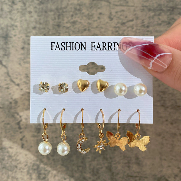 Wholesale Inlaid Pearl Ladies Earrings Set Alloy Geometric Electroplated Retro Style