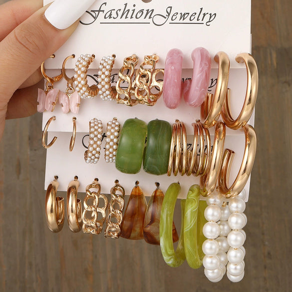 Wholesale Inlaid Pearl Ladies Earrings Set Alloy Geometric Electroplated Retro Style