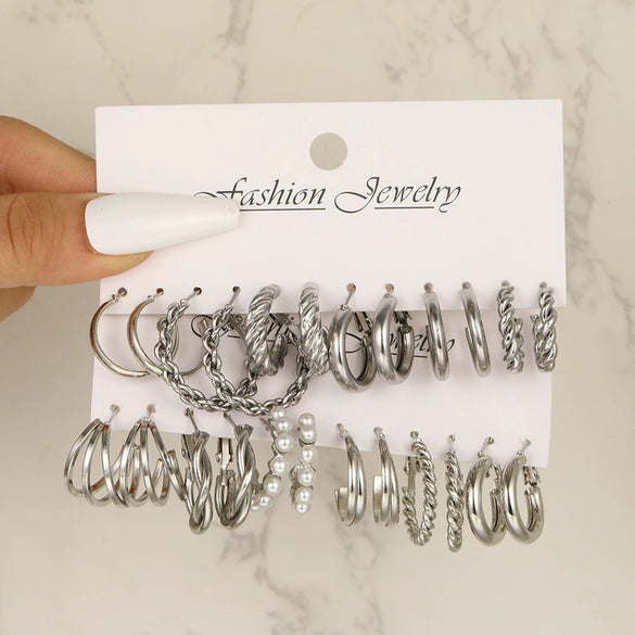 Wholesale Inlaid Pearl Ladies Earrings Set Alloy Geometric Electroplated Retro Style