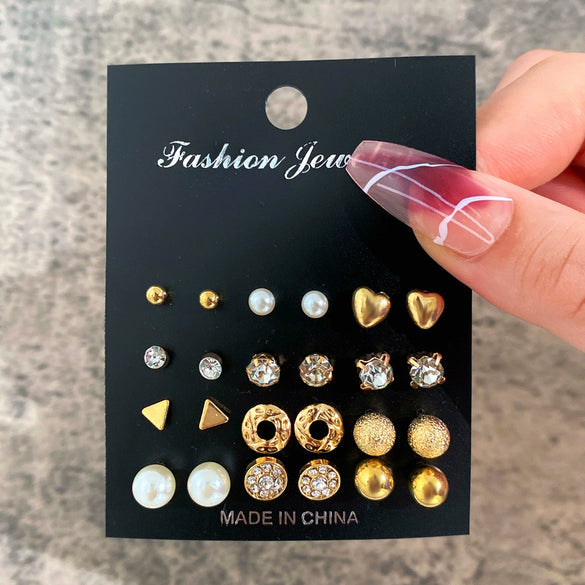 Wholesale Inlaid Pearl Ladies Earrings Set Alloy Geometric Electroplated Retro Style