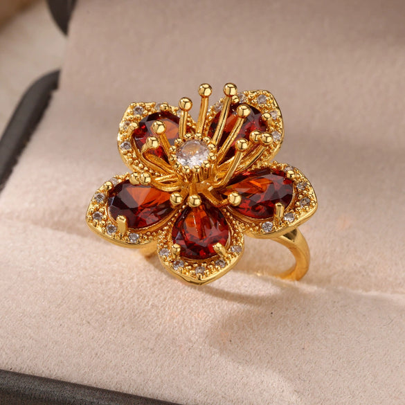 Wholesale Inlaid Red Zircon Flower Ring Copper Electroplating Women's Open Finger Ring
