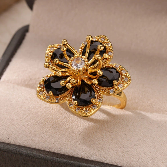 Wholesale Inlaid Red Zircon Flower Ring Copper Electroplating Women's Open Finger Ring