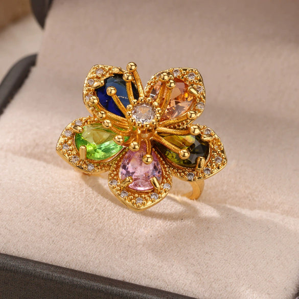 Wholesale Inlaid Red Zircon Flower Ring Copper Electroplating Women's Open Finger Ring