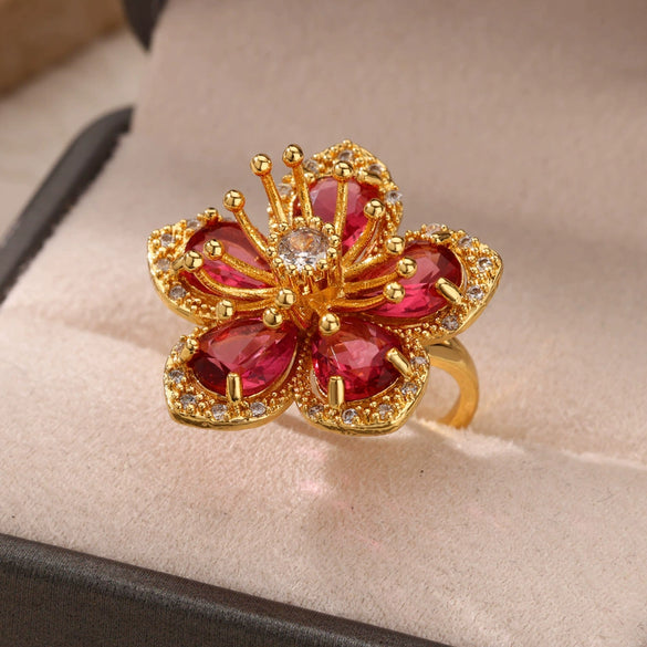 Wholesale Inlaid Red Zircon Flower Ring Copper Electroplating Women's Open Finger Ring