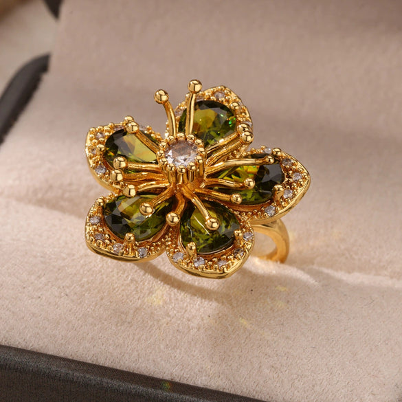 Wholesale Inlaid Red Zircon Flower Ring Copper Electroplating Women's Open Finger Ring