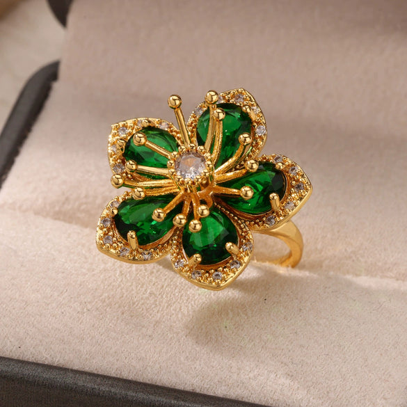 Wholesale Inlaid Red Zircon Flower Ring Copper Electroplating Women's Open Finger Ring