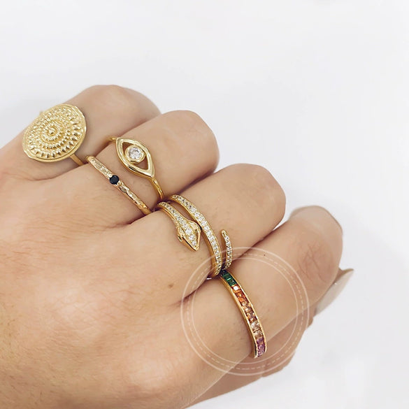 Wholesale Inlaid Square Rainbow Zircon Copper Ring For Women Retro Geometric Electroplated Style