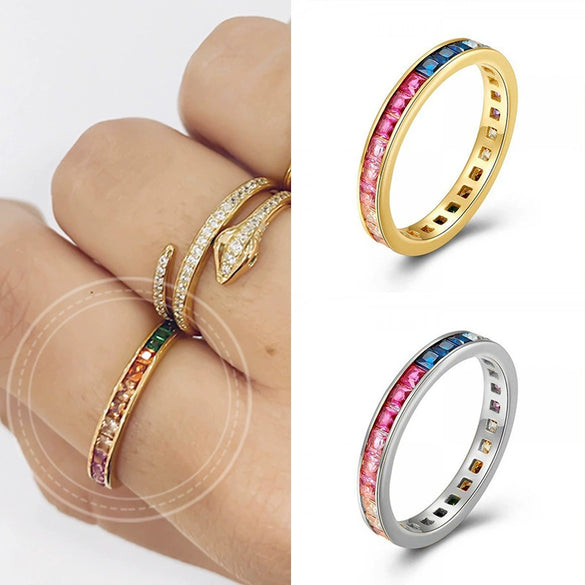 Wholesale Inlaid Square Rainbow Zircon Copper Ring For Women Retro Geometric Electroplated Style