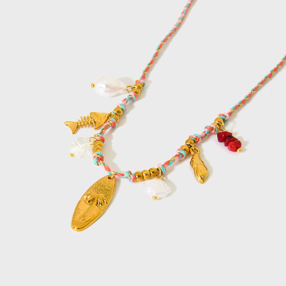 Wholesale Ins Style Coconut Tree Fish Bone Geometric Animal Zodiac Stainless Steel Titanium Steel Electroplated Pendant Woven Cross Chain Necklace For Women