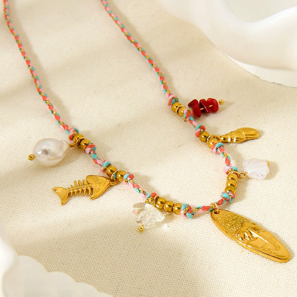 Wholesale Ins Style Coconut Tree Fish Bone Geometric Animal Zodiac Stainless Steel Titanium Steel Electroplated Pendant Woven Cross Chain Necklace For Women
