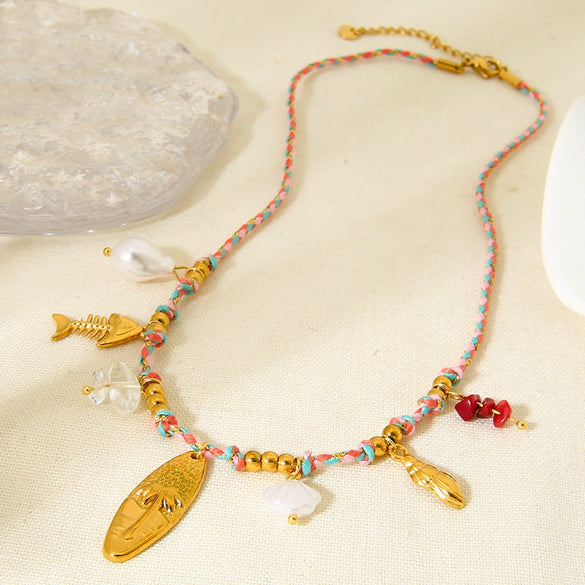 Wholesale Ins Style Coconut Tree Fish Bone Geometric Animal Zodiac Stainless Steel Titanium Steel Electroplated Pendant Woven Cross Chain Necklace For Women