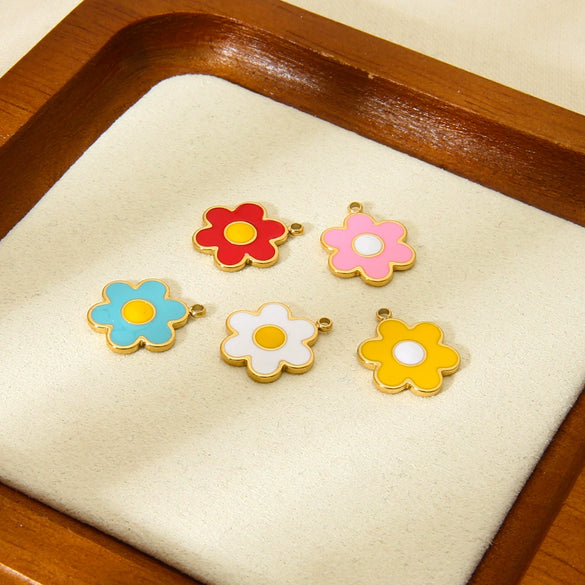 Wholesale Ins Style Colorful Flower Dripping Oil Stainless Steel Goldplated Pendant Jewelry Accessories For Women