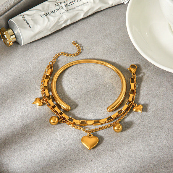 Wholesale Ins Style Electroplated Doublelayer Heart Pendant Stainless Steel Bracelet And Ring Accessories