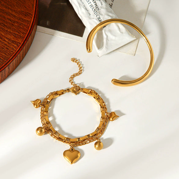 Wholesale Ins Style Electroplated Doublelayer Heart Pendant Stainless Steel Bracelet And Ring Accessories