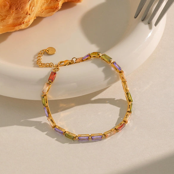 Wholesale Ins Style Geometric Colorful Zircon Vacuum Plated Stainless Steel Bracelet For Women And Unisex
