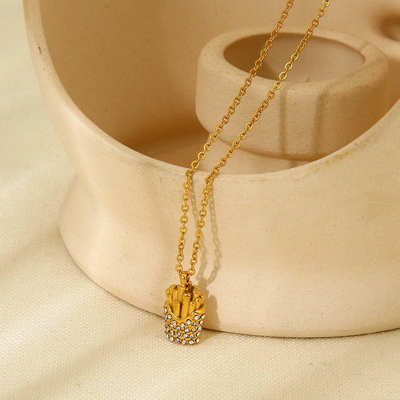 Wholesale Ins Style Geometric French Fries Pendant Stainless Steel 18K Gold Plated Necklace For Women