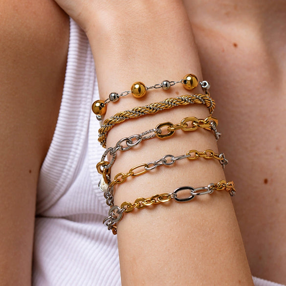 Wholesale Ins Style Geometric Stainless Steel Braided Bead Colorblocking 18K Gold Plated Waterproof Bracelet For Women
